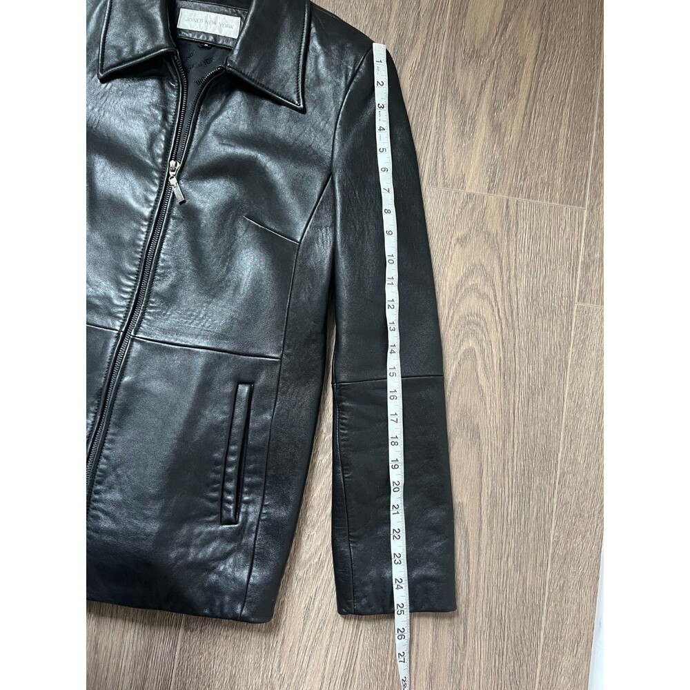 Jones New York Jacket Womens Medium Black Genuine Leather Zip Front Collared Vtg - Picture 13 of 16